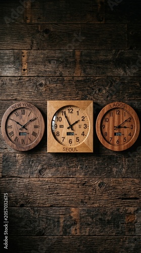 Wooden Clocks Showing Different Time Zones on Rustic Wall