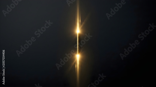Abstract golden light beam interacting with vertical anamorphic lens flares on a dark background