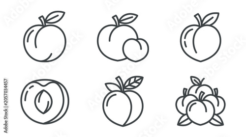 Foto Peach Fruit Icons Set, Line Art, Vector Graphics, Fresh Summer Food