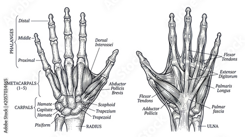 Foto Anatomy of Human Hand: Bones, Muscles, Tendons, and Ligaments