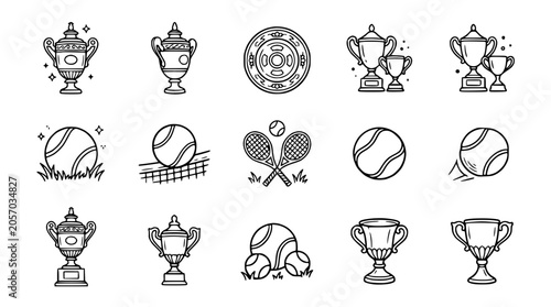 Photos Tennis Trophies and Balls Hand Drawn Icons Set