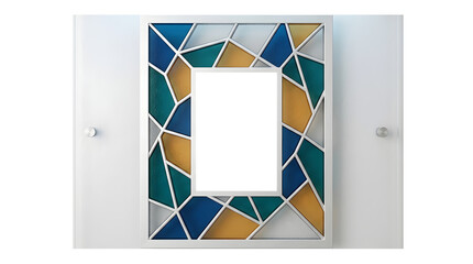 Modern stained glass geometric photo frame with blue and gold mosaic pattern on isolated transparent background, abstract art deco border design, generative AI