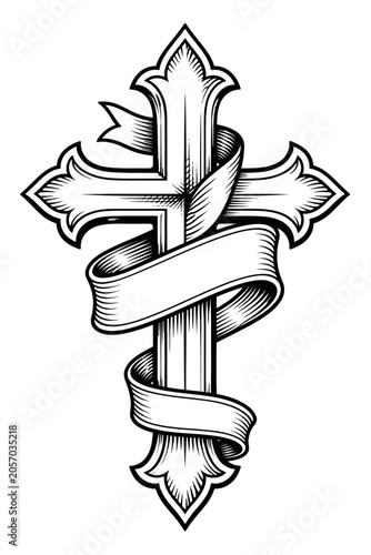 Bold Christian cross wrapped with a blank ribbon banner in black tattoo-style line art, ideal for memorial text, faith quotes, church graphics, and custom religious tattoo