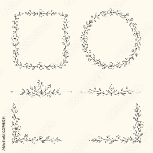 Set of delicate black floral line art frames, wreaths, dividers, and corner ornaments on a warm cream background for invitations and stationery design