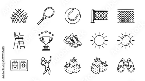 Tableau sur toile Tennis Icons Set: Racket, Ball, Net, Court, Trophy, Player, Sun, Strawberries, B