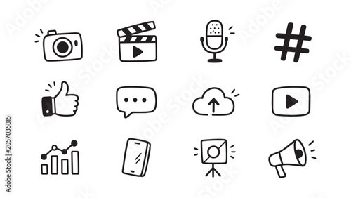 Vector set of hand-drawn social media and content creator icons in a black and white doodle style. Features camera, microphone, like, hashtag, and video symbols for digital marketing design.