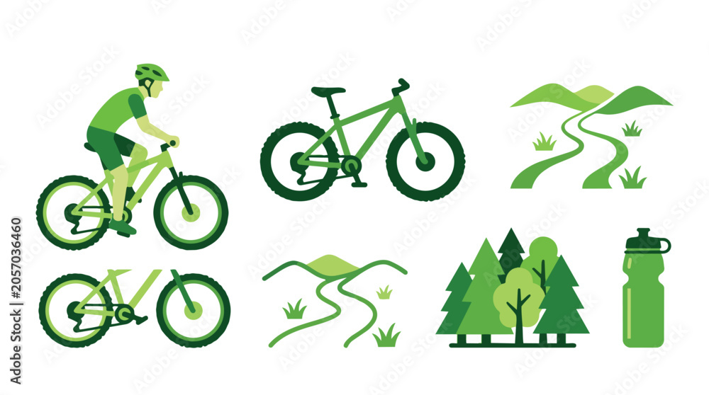 Naklejka premium Man Cycling Nature Mountain Bike Trails Forest Trees Water Bottle Icons