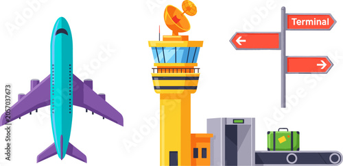 Fotografía Commercial Aviation and Airport Infrastructure Vector Set with Airplane Control