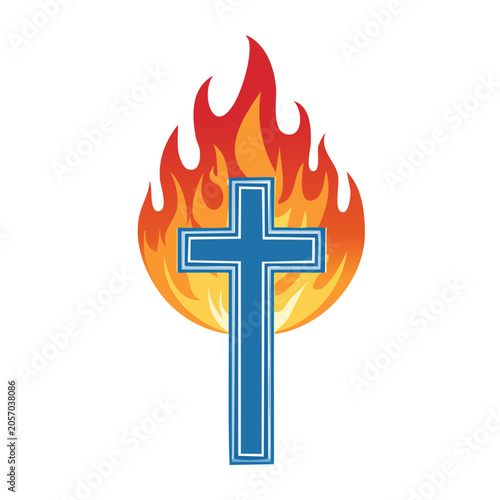 Blue Christian Cross on Fire Icon