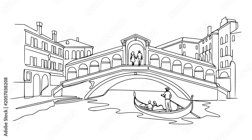 Obraz premium Venice Rialto Bridge line art drawing, gondola on canal, iconic Italian landmark sketch