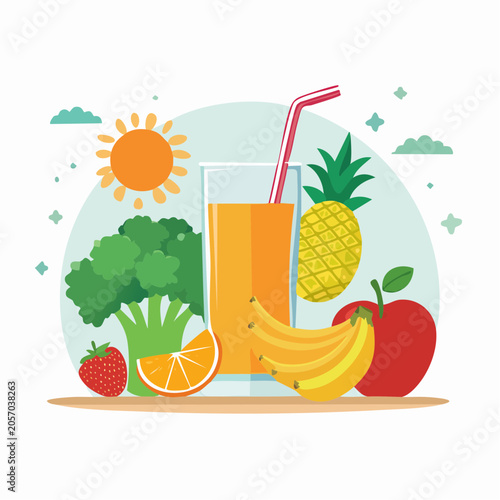 Fresh Fruit and Vegetable Juice with Sun and Clouds