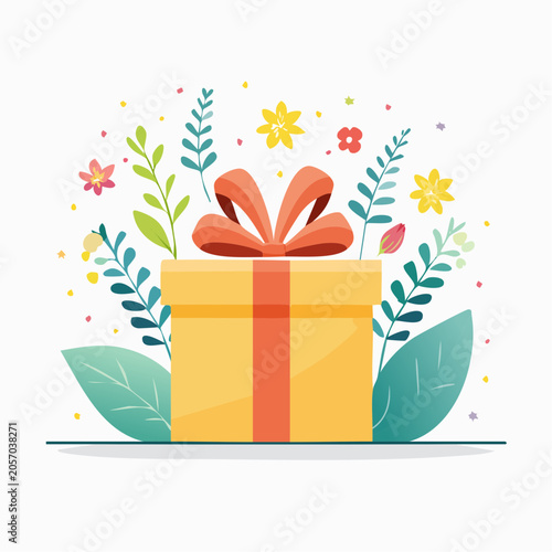 Gift Box with Flowers and Leaves Illustration