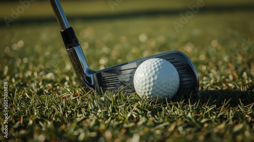 Golf club rests on the green grass next to a white dimpled golf ball in a close-up shot of the putting area on a sunny day during a professional tournament match for outdoor sports enthusiasts.