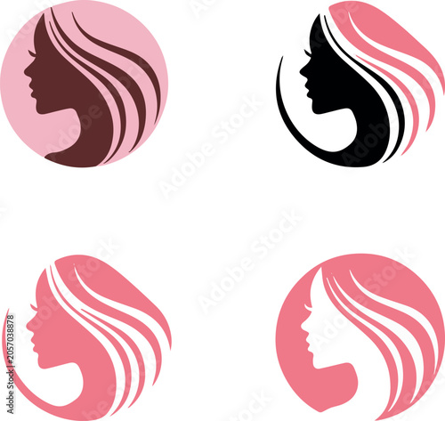 Female Profile Hair Wave Cosmetic Brand Icon Set