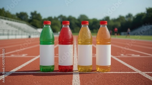 Bottles of vibrant electrolyte drinks featuring empty labels are lined up precisely on a red athletic track, highlighting the importance of hydration during high intensity sports training.