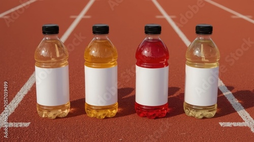 Plastic bottles with blank white labels stand in a uniform line on a red outdoor athletic running track to suggest hydration and health concepts for athletes training during a sunny day session.
