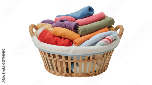 Laundry basket made of woven wood contains a variety of neatly folded colorful cotton garments that are ready to be put away after being washed and dried in a clean and organized home setting.