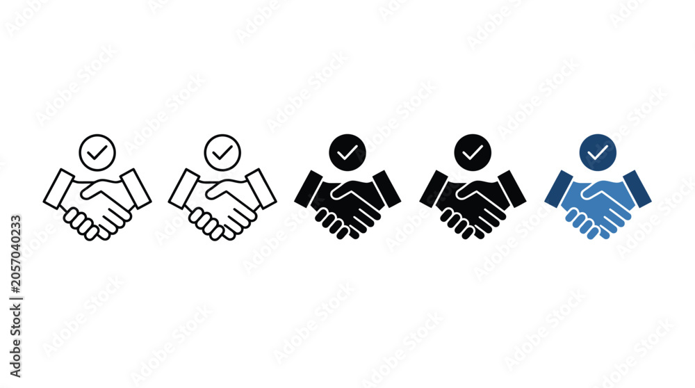 Fototapeta premium Professional handshake vector illustration set showing successful business agreement icons with blue and black colors