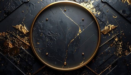 A dark background with a large gold-rimmed circle and gold accents