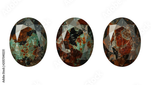 Gemstones featuring intricate facet patterns and earthy mineral inclusions are arranged in a horizontal row against a clean white background to showcase their unique crystalline geological structure.
