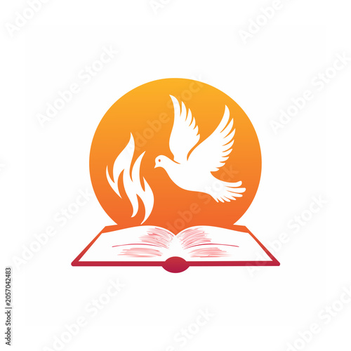 Dove flying over open book with flame and sun