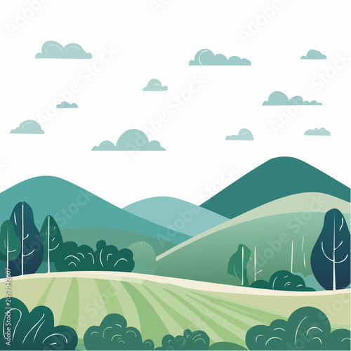 Stylized Landscape with Rolling Hills and Clouds