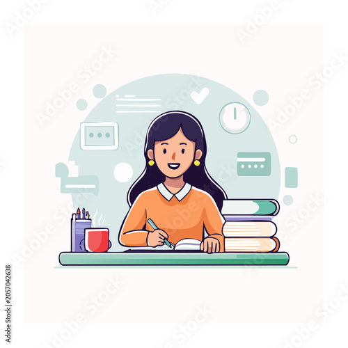 Woman studying and writing at desk with books and coffee