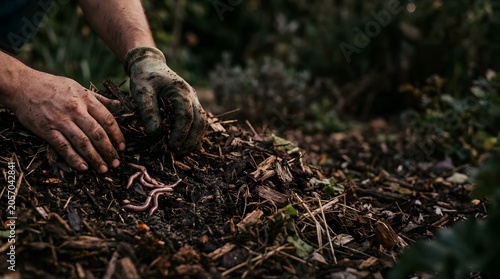Farmer hands working in soil with earthworms to enrich organic ground