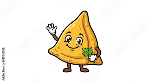Cute cartoon samosa character waving hello with a leaf.