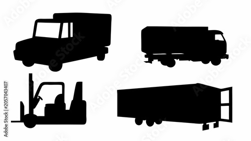 Set of black silhouettes of different types of trucks and a forklift