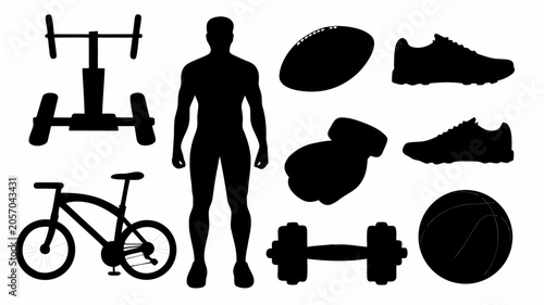 Set of sports equipment silhouettes including a bicycle, dumbbells, boxing gloves, a football, a basketball, and running shoes