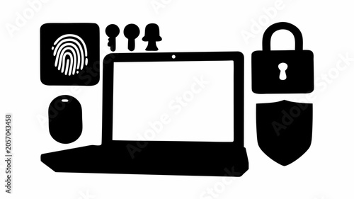 Cyber security and data protection concept with laptop, fingerprint scanner, keys, padlock and shield icons, digital safety and privacy technology