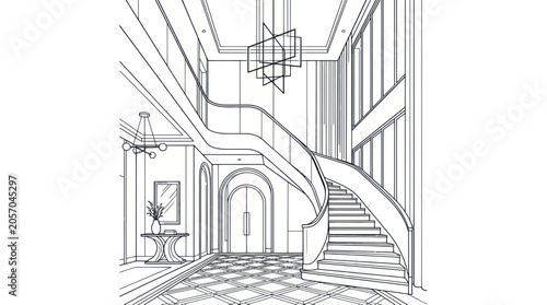 Bild auf Leinwand Modern Grand Foyer with Curving Staircase and Geometric Floor - Architectural Sk
