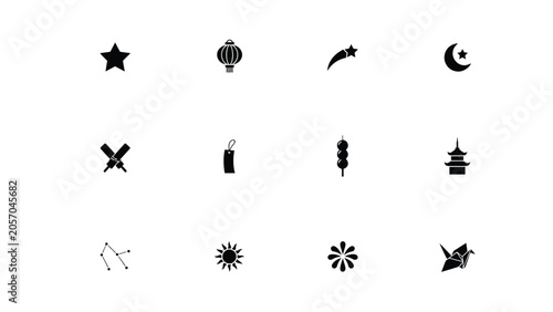 Slika na platnu Set of minimalist black icons representing traditional asian culture and celestial bodies