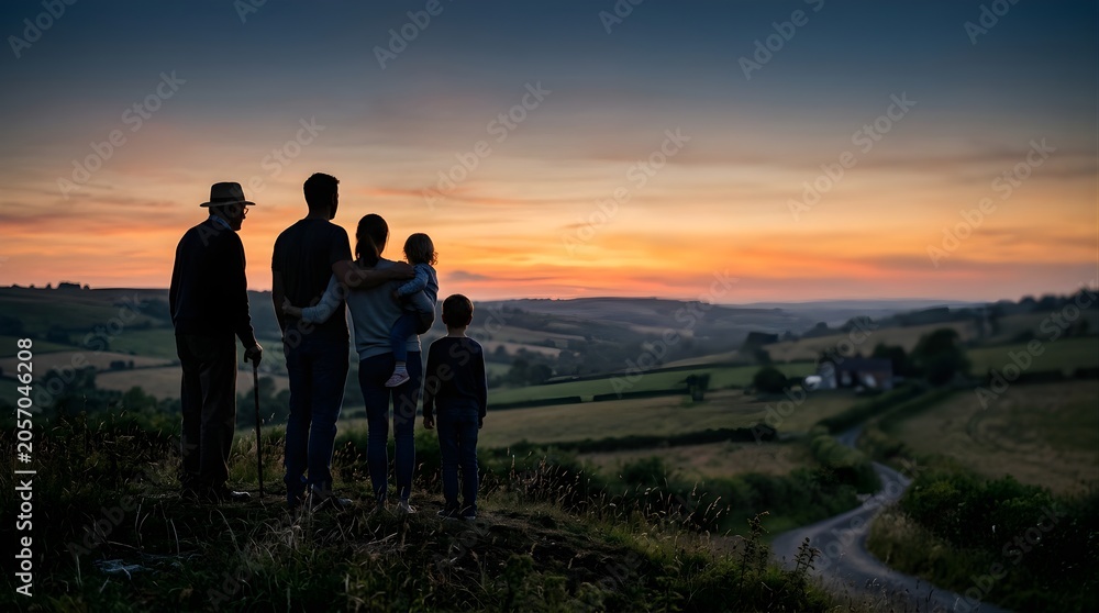 Fototapeta premium Multi-generational family watching a rural sunset over farm landscape