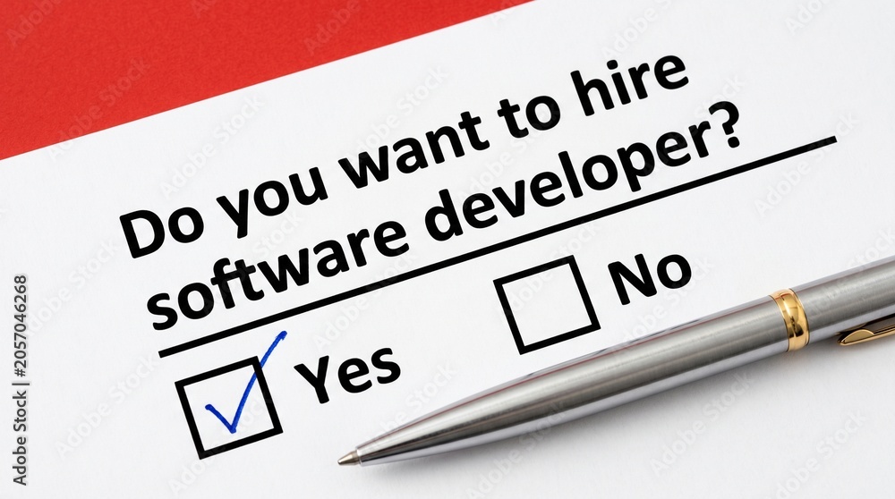 Obraz premium Hiring software developer decision checklist with yes no options on red paper