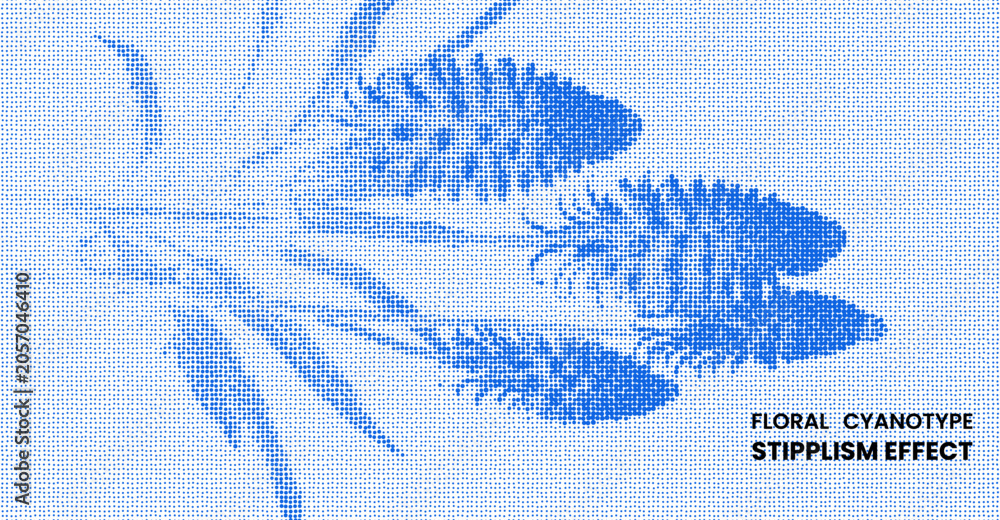 Obraz premium Floral cyanotype stipplism effect with blue dotted botanical illustration of grass and flowers on a white background