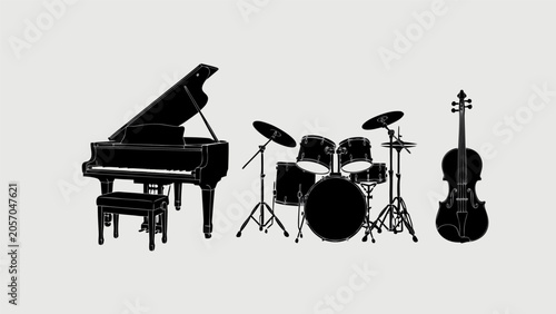 Photos The musical instruments include a grand piano, drums, and stringed instruments o