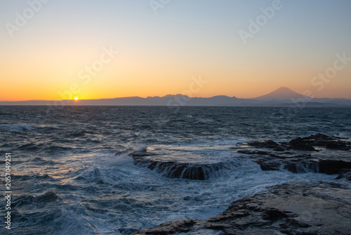 Beautiful sunset at Chigogafuchi in Autumn. Enoshima Island, Kanagawa Prefecture, Japan
