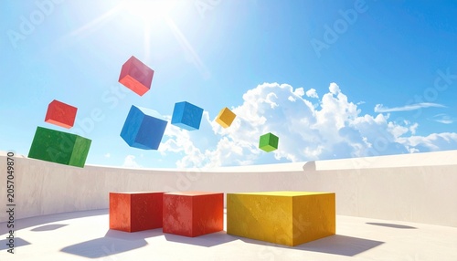 Colorful cubes red yellow green blue floating above curved white surface under bright blue sky with scattered clouds and shining sun, surreal contrast of geometry and nature, symbolic representation o
