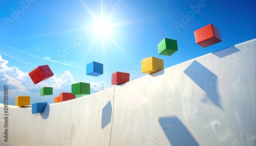 Colorful cubes red yellow green blue floating above curved white surface under bright blue sky with scattered clouds and shining sun, surreal contrast of geometry and nature, symbolic representation o