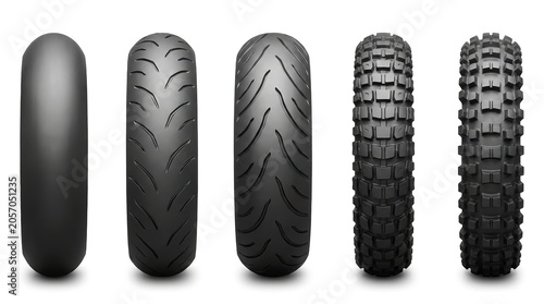 Five different black motorcycle tire treads arranged vertically in a neat row on white background