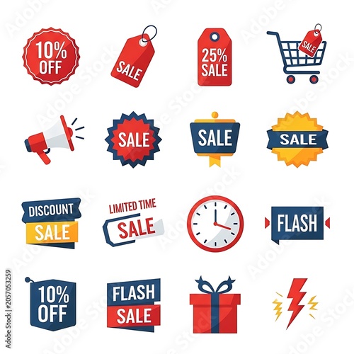 Colorful sale discount promotional stickers collection.
