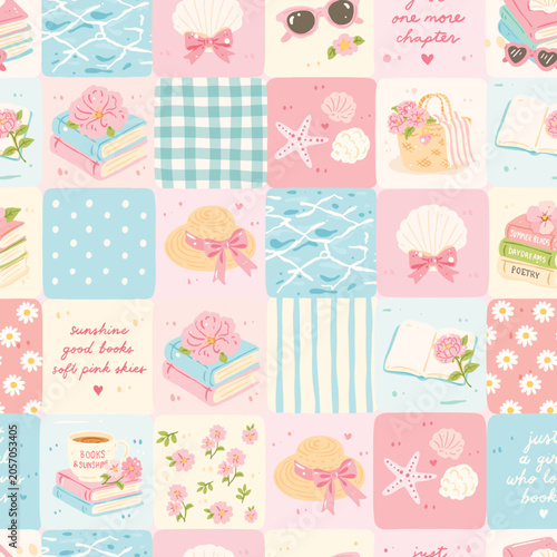 Summer Romance Reader Patchwork Pattern with Books, Seashells, Flowers and Coastal Pastel Tiles