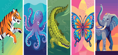 Photography Colorful, flat, vector, animal, collection, featuring, tiger, octopus, crocodile, butterfly, elephant, wildlife, nature, posters, graphic, illustration, set, design, artwork, eps