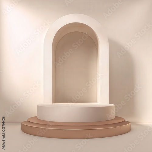 Minimalist beige pedestal with a rounded arch backdrop, featuring smooth surfaces and soft shadows in a clean, modern setting.