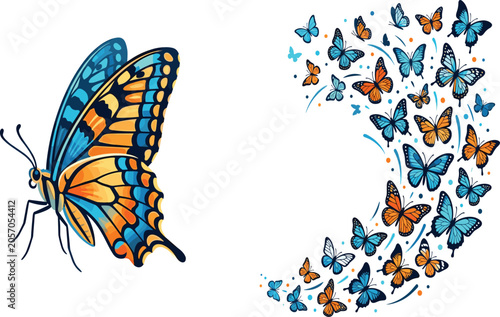 Photos Large, detailed, blue, and, orange, butterfly, beside, a, flying, swarm, of, small, colorful, butterflies, vector, illustration, isolated, white, background, design