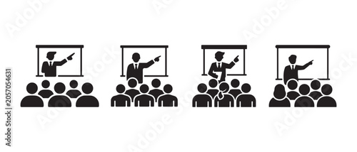 Set of business presentation icons with a speaker pointing at a screen in a professional meeting.