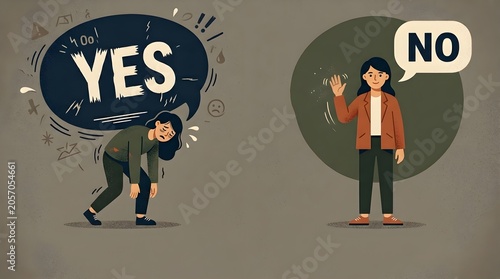 Digital illustration of a side-by-side comparison between an overwhelmed person crushed by a heavy burden of tasks due to toxic people-pleasing habits, contrasting with a confident man.