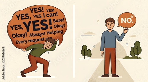 Conceptual vector illustration comparing a stressed person crushed under a heavy burden of saying yes to everything, versus a confident man happily setting healthy boundaries by saying no.
